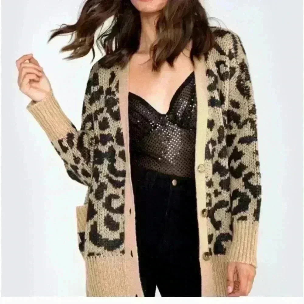 Wildfox Womens Tan Roar Tilly Leopard Print Slouchy Soft Cardigan Sweater S